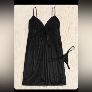 Satin black Teddy paired with a black thong … just in time for Valentine’s Day